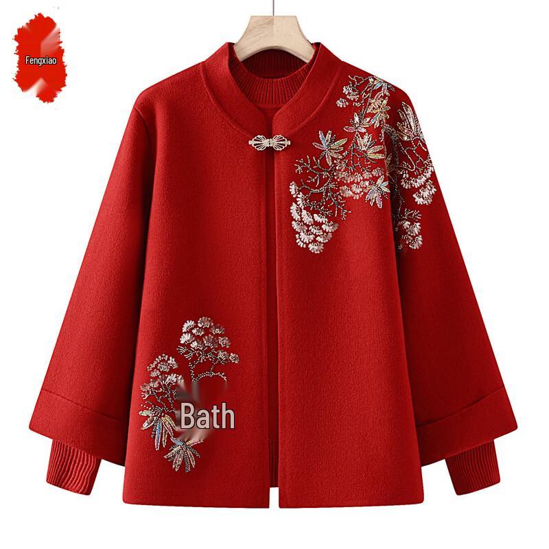 Elegant Floral Embroidered Knit Sweater for Middle-Aged Women L