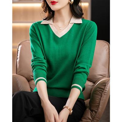 Pure Cotton Top Women's POLO Lapel Knitted Inner Bottoming Autumn and Winter New Style Sweater