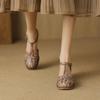 Krazing Pot Sheepskin Buckle Straps Round Toe Med Heels Autumn Summer Prints Leather Mary Janes Women Pumps