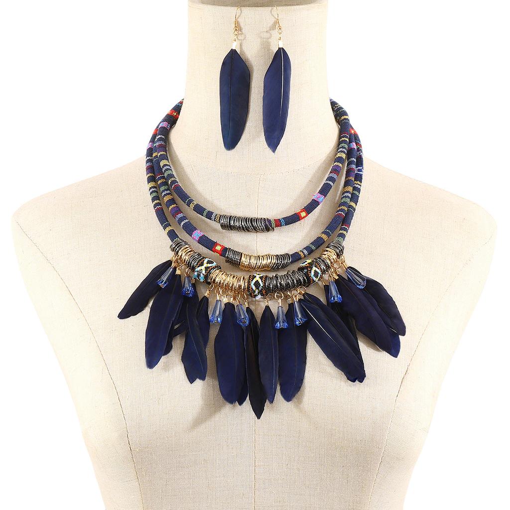 Ethnic Style Retro Exaggerated Fringed Feather Earrings Multi-layer Necklace Hand-woven Rope Jewelry Set Women