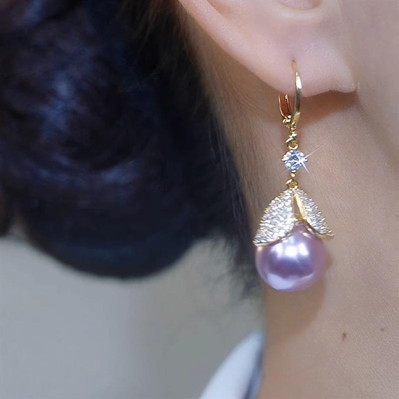 Exquisite Zirconia Leaf Earrings with Purple Pearl Dangles - High-End Luxury Design for Women
