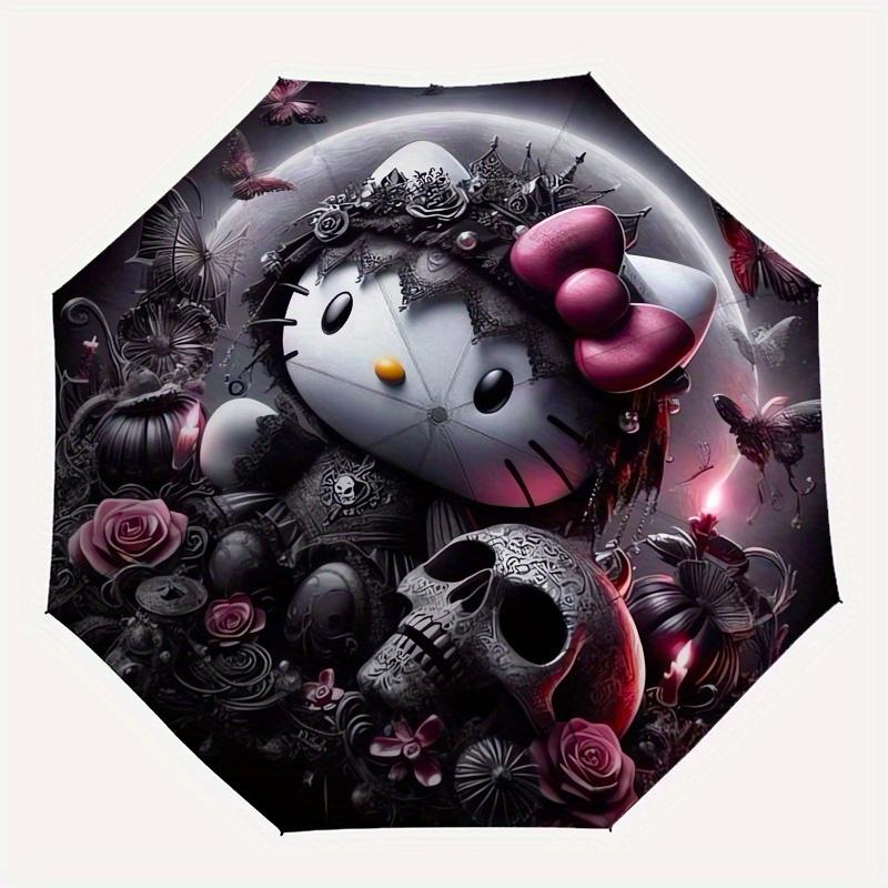 Gothic Hello Kitty Automatic Umbrella-Foldable, Durable 8-Bone Design, Compact and Stylish, Great for Camping, Halloween, Christmas, Mother'