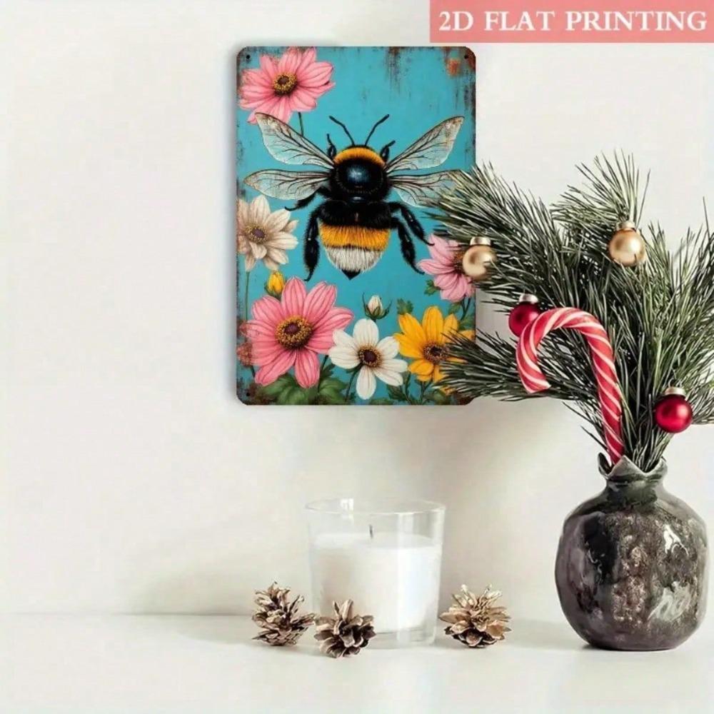 2D Retro Metal Foil Sign, Vintage Bees & Floral Wall Art, Turquoise & Pink Rustic Cottage Decor, Country Bee Design