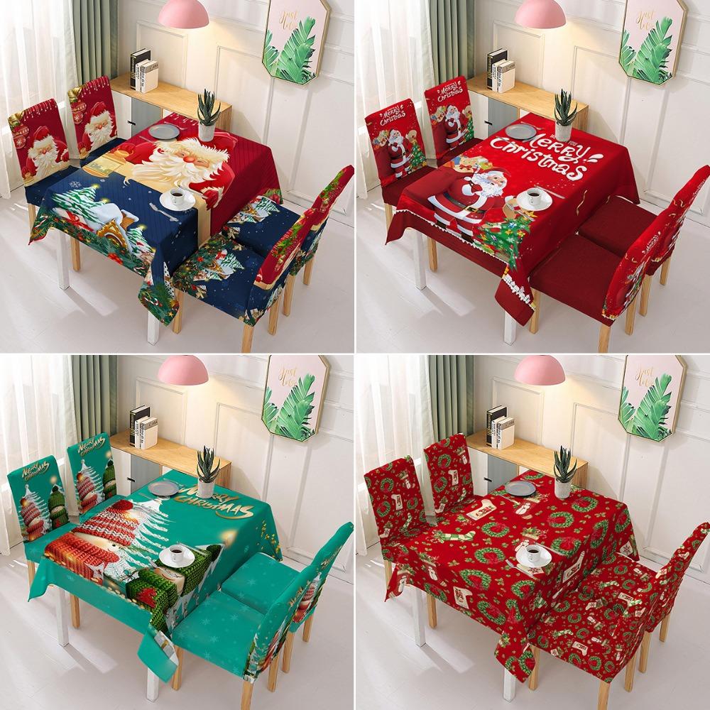 Christmas Polyester Waterproof Tablecloth with Printed Chair Covers Santa Claus Design Festive Decor