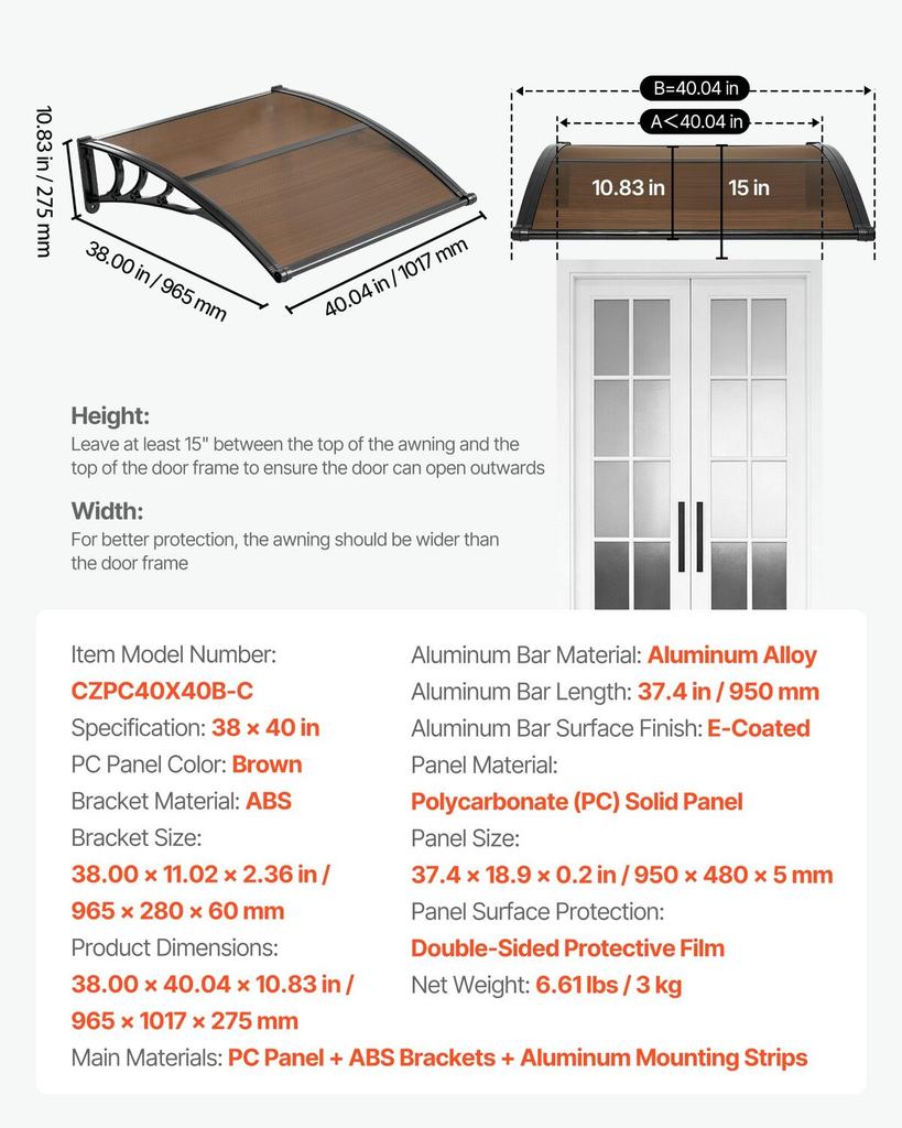 Awnings for Door Entrance, 38 X 40 In, Exterior Front Door Window Awnings with Drainage & ABS Bracket, Rain Snow Sun Protection, Overhang