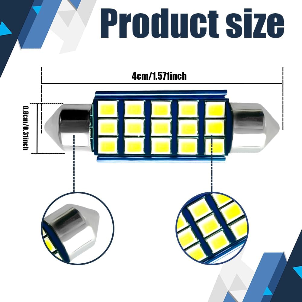 2PCS 578 LED Bulbs Extremely Bright 1200LM 2835 Chipsets for LED Interior Dome Map Door Lights, 1.6" 6000K White Led Interior Car Festoon Bulbs