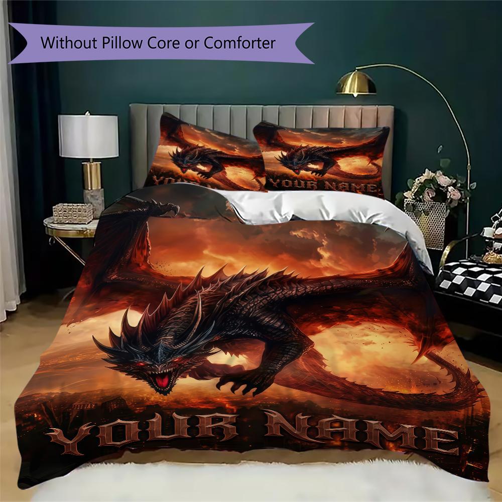 Custom Name Dragon Castle Burn Bedding,Quilt Set Quilt Cover Pillowcase Home Birthday Gift(1 * Duvet Cover + 2 * Pillowcase, Without Core)_lx