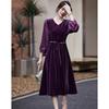 Demana Elegant V-Neck Puff Sleeve Midi Dress with Pearl Belt