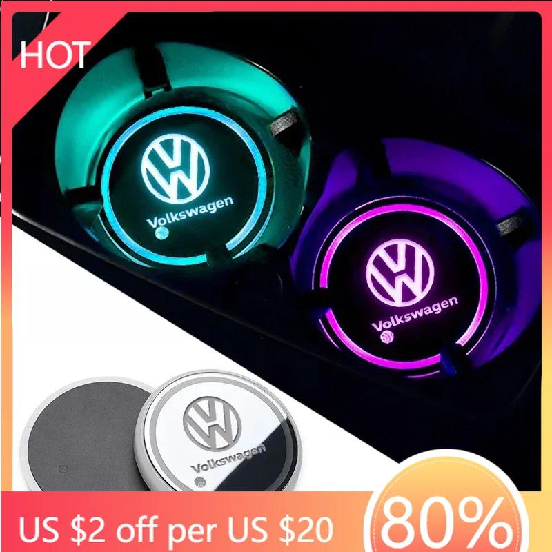2025 Hot 2x Luminous Car Cup Coaster Holder Car Led Atmosphere Light Logo Lamp For Volkswagen VW Golf GTI Tiguan Jetta Transport