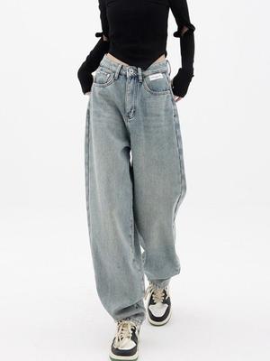 Casual American Loose Letter Light Blue Trendy Denim Wide Leg Pants for Women To Look Slim and Loose