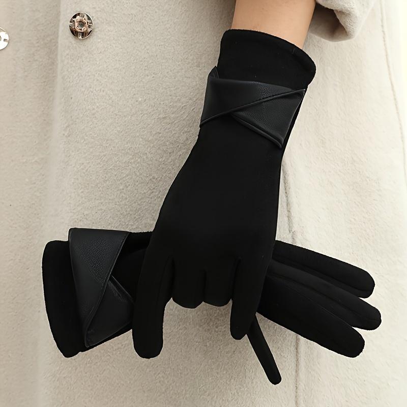 Women's Elegant Touchscreen Gloves, 1 Pair, Winter Warmth, Polyester Fleece Lining, Elastic, Solid Color, Bowknot Design, Breathable Knit