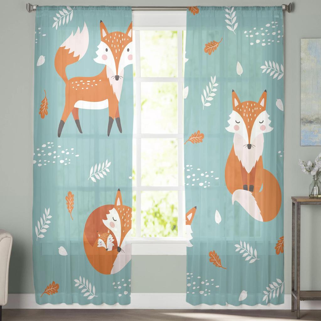 Fox Orange Blue Leaves White Dots Tulle Sheer Window Curtains for Living Room Kitchen Children Bedroom Voile Hanging Curtain