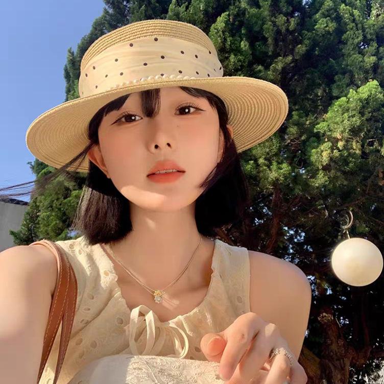 Summer Women's Seaside Vacation Pearl Flat Top French Straw Hat Idyllic Literary and Retro Versatile Loli Sun Hat Top Hat