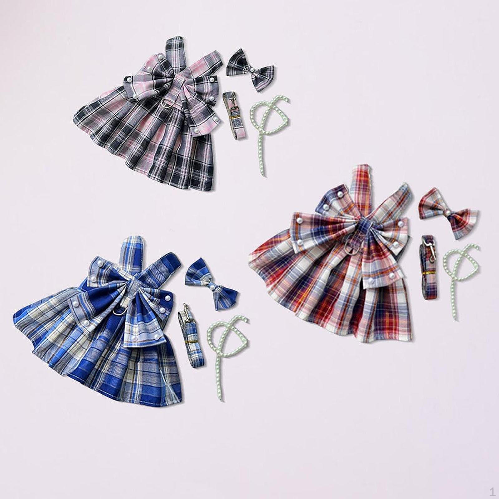 

Cute Plaid Dog Dress Set Clothes Costume Dogs Girls with Bow Tie Harness & Leash Pet 3 Set L