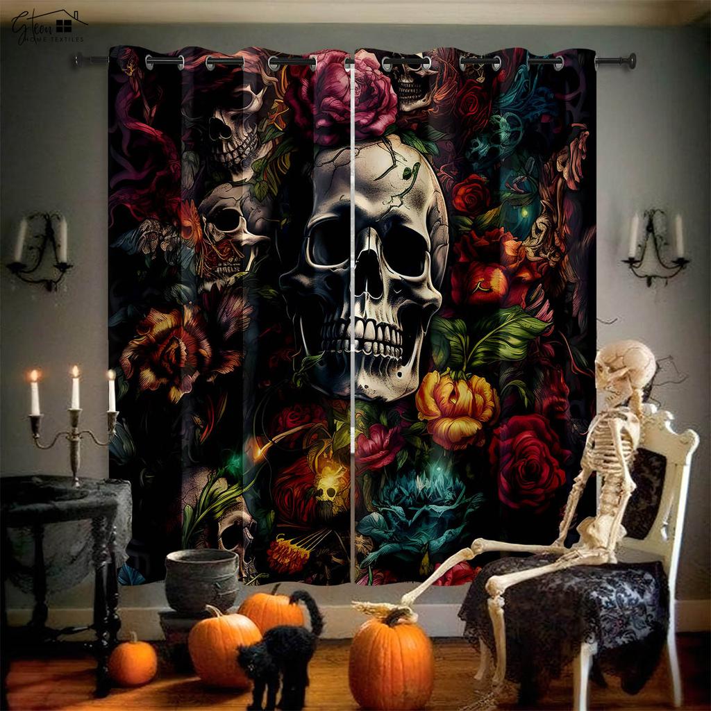 Skull Rose Curtains Retro Tricky Dark Ins Secret Room Bar Bedroom Halloween Christmas Holiday Decoration Curtains 2PCS