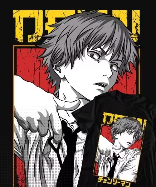 Sommer Herren Anime "Chainsaw Man" Bedrucktes Rundhals-T-Shirt Baumwolle Lässig Hip Hop Schwarz Outdoor Kurzarm