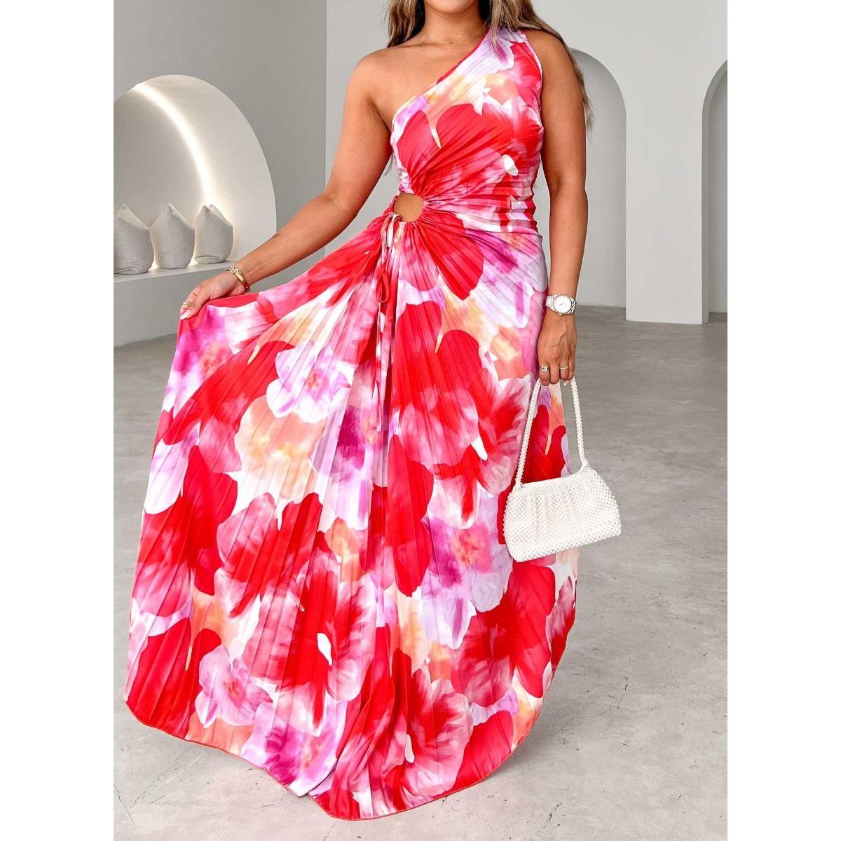 Women s One Shoulder Sleeveless Maxi Dress Slim Mid Waist Zebra Print Pleated Summer Dress S красный