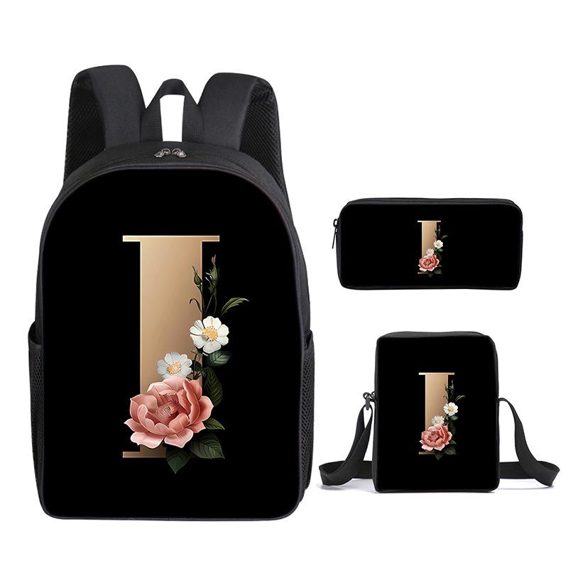 Fashion Novelty Flower letters A-Z 3D Print 3pcs/Set pupil School Bags Laptop Daypack Backpack Inclined shoulder bag Pencil Case