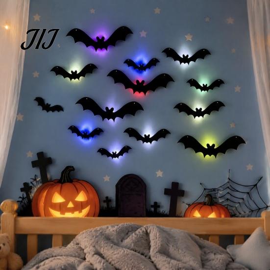 Gruselige Eingang Dekoration Halloween 3D Beleuchtete Fledermaus Wanddekoration, Abnehmbare Filz Fledermaus Aufkleber, Verschiedene Montierte Verzierungen Größe, LED Leuchtende Haftsticker