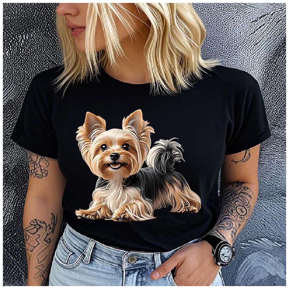 Polyester 100% Cute Yorkshire Terrier Puppy Graphic Women T-Shirt Yorkie Dog Pet Lover Print Short Sleeve Casual Summer Tee
