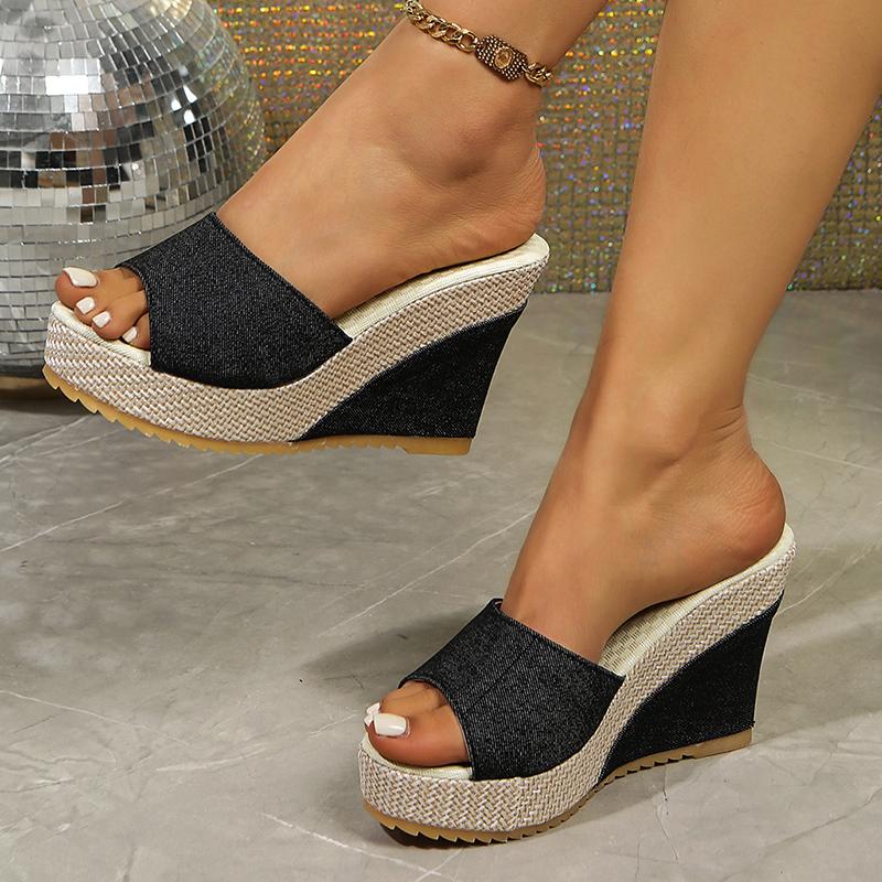 Fashion Blue Denim Wedge Sandals for Women Summer 2025 Fashion Peep Toe Thick Sole Slippers Woman Slip On Chunky Platform Sandals Mujer
