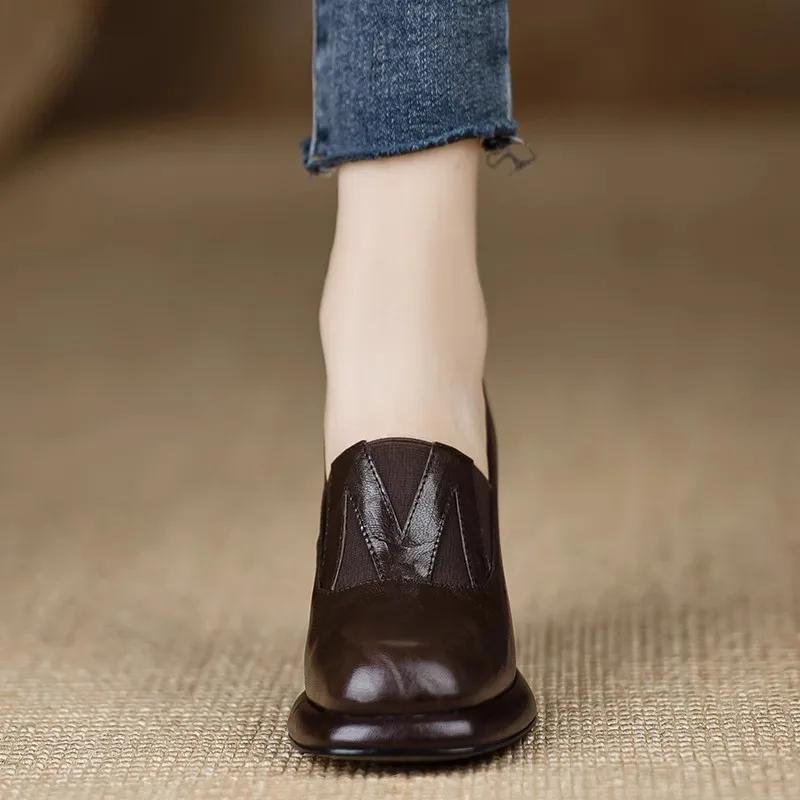 Moda Feminina Retro Bombas Primavera Outono Grosso Salto Quadrado Sapato Slip-On Bombas Femininas Biqueira Quadrada Estilo Francês Sapatos Femininos 7,5 CM