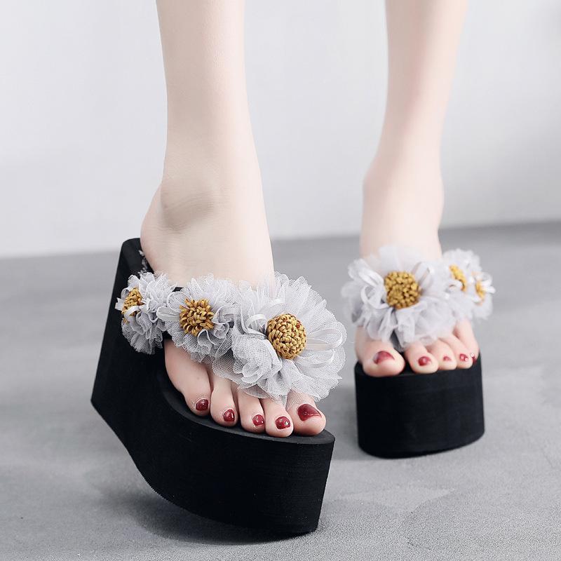 Fashion Flower Decor Wedge Flip Flops Women 2025 Summer Black Thick Bottom Platform Sandals Slides Woman 11cm High Heels Beach Slippers