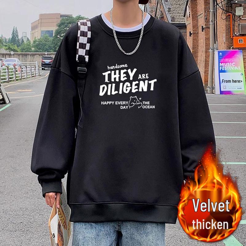 Men's Trendy Loose-Fit Plus Size Velvet Hoodie - Autumn & Winter Round Neck Casual Fashion