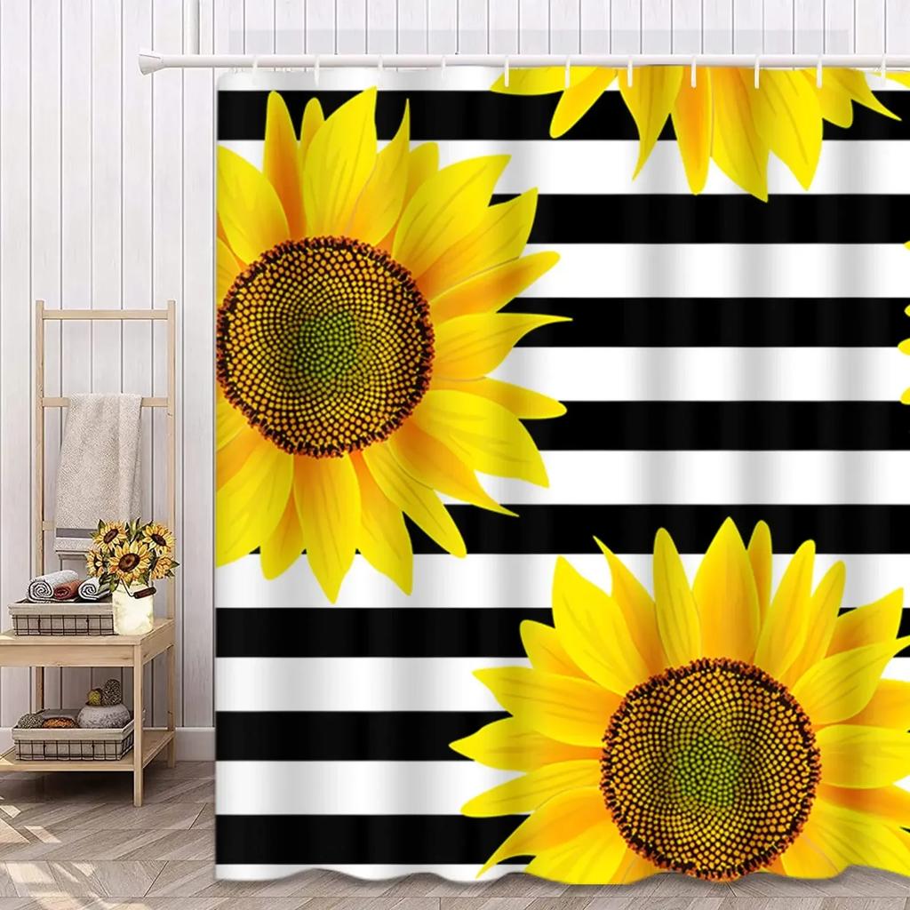 Farmhouse Rustic Shower Curtain Sunflower Autumn Floral Flower On Rural Barn Wooden Fabric Bathroom Curtains with Hooks Sets