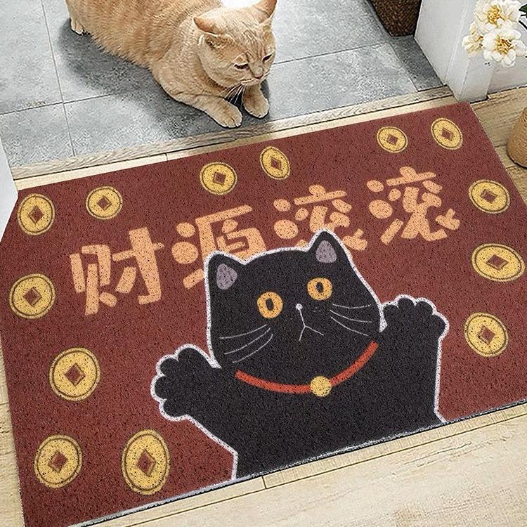 Cartoon Lucky Cat Dirt-Resistant Entrance Door Mat, Easy-Clean Silk Loop Foot Pad for Mud & Dust.