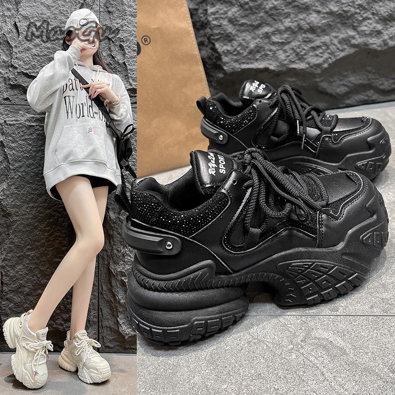 Fashion Chunky Sneakers 2025 Summer Autumn New Style Thick Soled Height Increasing Casual Fashion Sports Shoes Lace Up Black Beige