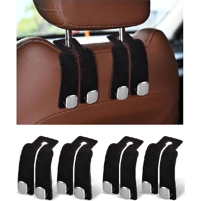 Headrest Hooks For Car, 4 Pack Car Seat Back Organizer Storage Hook, Double Hook Car Seat Hooks For Hanger Purses And Bags, Leather Purse Holder For