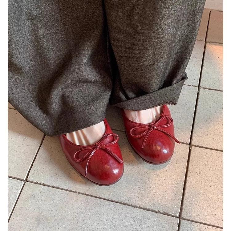 Super soft French leather retro bow single shoes women's autumn new flat bottom shallow mouth ballet Mary Jane shoes