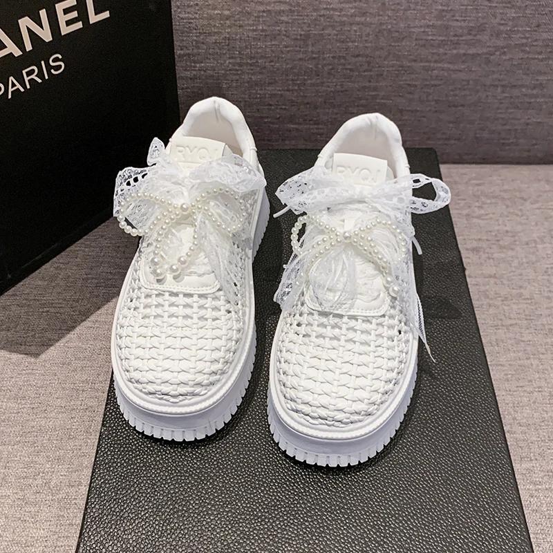 Shoes for Women 2025 New Summer Hollow Out Thick Bottom Women Sneakers Casual Breathable Solid Lace Up Women's Vulcanize Shoes