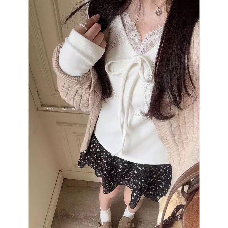 Korean Style Women's Long Sleeve Lace-Up Bow Tie Slim Fit T-Shirt - Autumn New Arrival