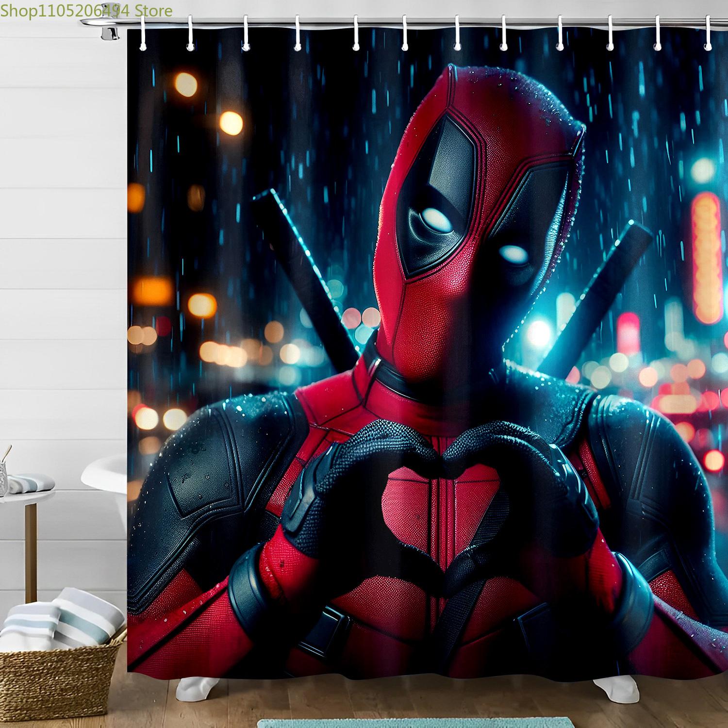 1pc Marvel shower curtain Deadpool Shower Curtain, Printed Pattern Bathroom Set, Bathroom Decorative Shower Curtain with Hooks 150x180cm