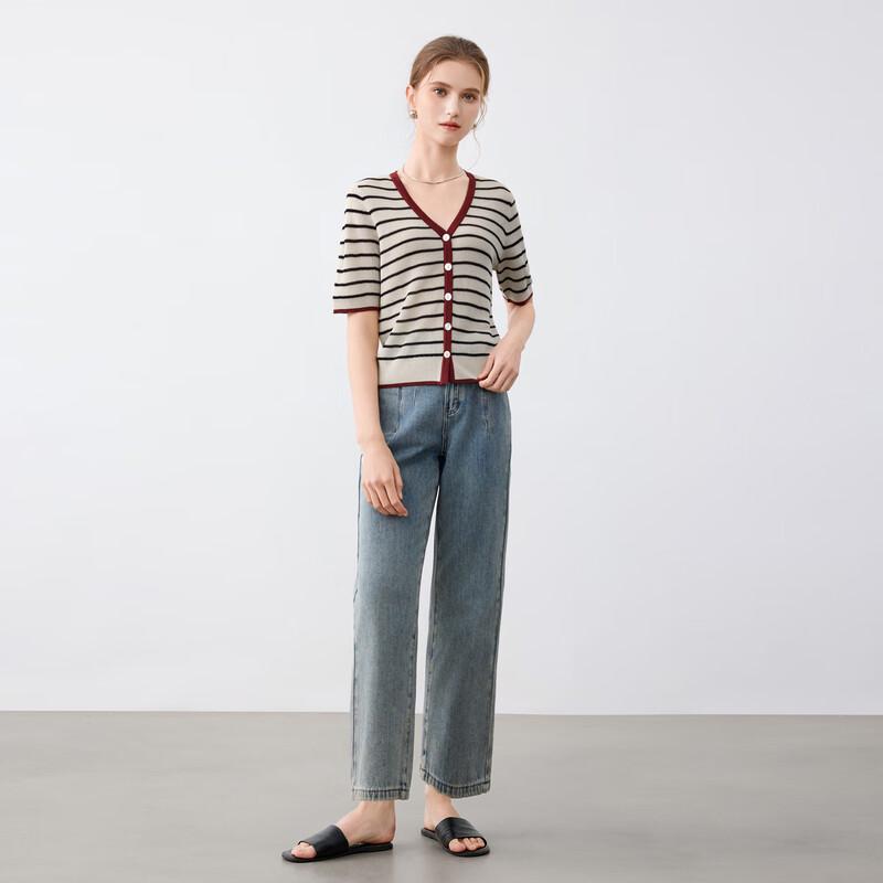 Elva' Island Women's Striped Knit Short Sleeve Cardigan
