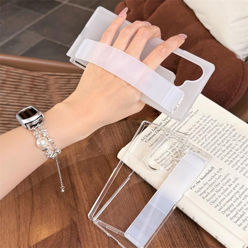 Luxury Matte Silicone Elastic Wrist Strap Bracket Case For Samsung Galaxy Z Fold 7 6 5 4 3 ZFold7 Ultra Thin PC Hard Clear Cover