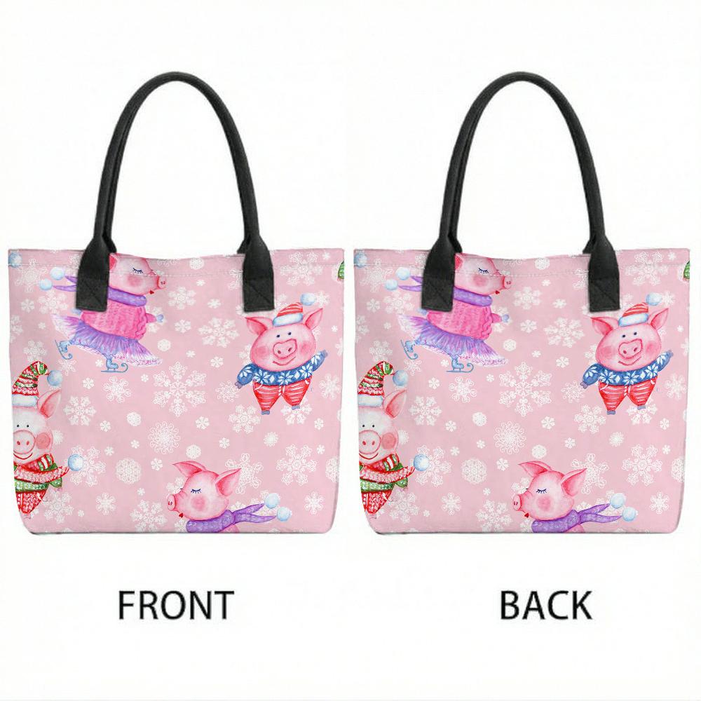 Pink Tote Bag Women Canvas Shopping Handbag with Cartoon Pig Winter Print Black Handles