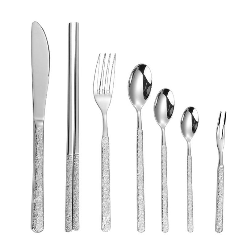 Stainless Steel Hammer Pattern Tableware for Restaurant and Home, High-End Knife, Fork, Spoon, Kitchen Utensils Set, 304, 7Pcs