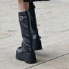 Black Thick Bottom Women's Platform Long Boots Side Zip Chunky Sole Knight Boots Faionable Buckle Straps Botas Altas Mujer 35-40