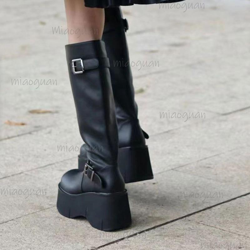 Black Thick Bottom Women's Platform Long Boots Side Zip Chunky Sole Knight Boots Faionable Buckle Straps Botas Altas Mujer 35-40