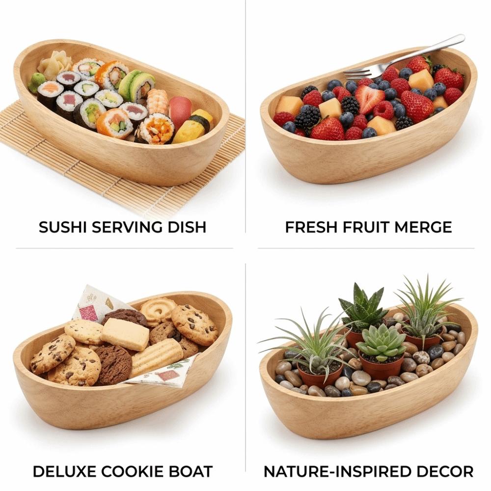 Boat Outline Fruit Bowl Wooden Snack Container Wood Grain Food Platter Vegetable Salad