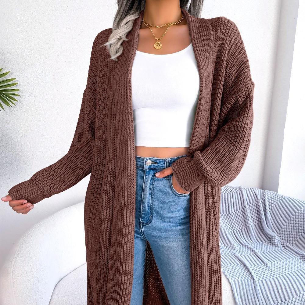 Autumn and winter European and American sweaters and cardigans solid color loose fashion casual buckle-free medium and long jackets