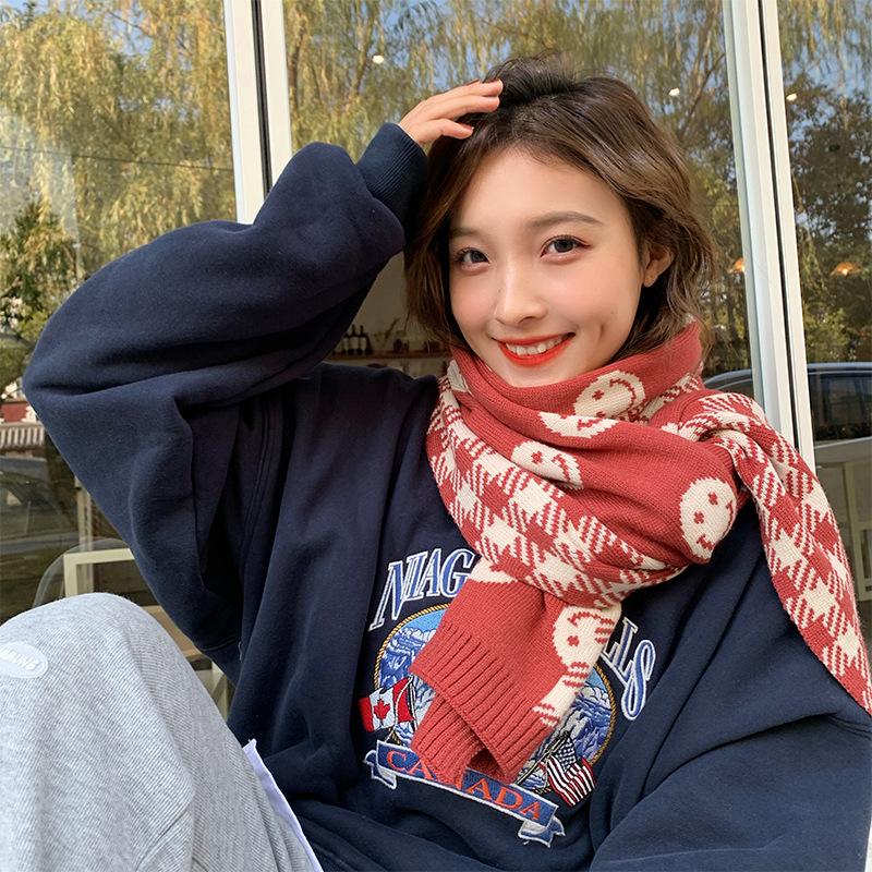 Smiling Plaid Scarf for Women in Autumn and Winter Korean Style Versatile Cute Soft Girl Girl Winter Knitted Woolen Scarf To Keep Warm