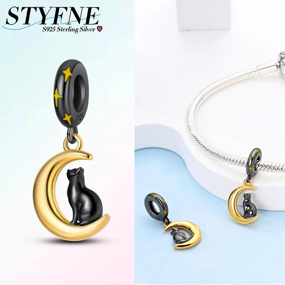 

Authentic Original Charm Bead Components Copper Metal Mysterious Moon Black Cat Bead Components Compatible With Plata Bracelets Designed For Women