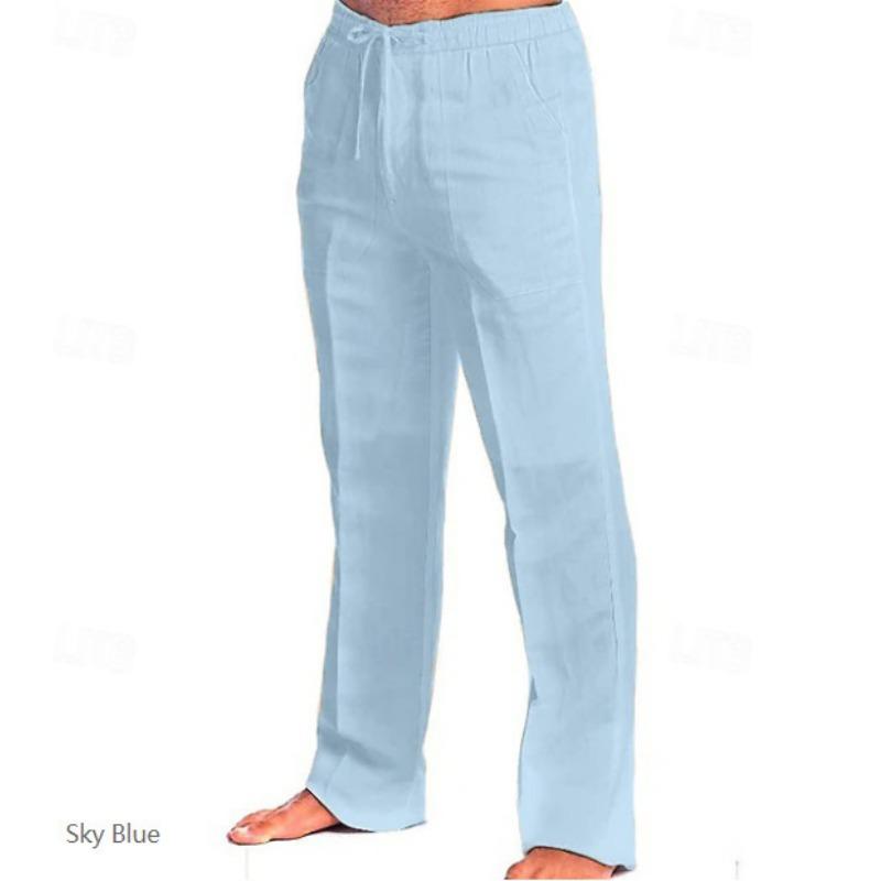 Mens Casual Solid Color Drawstring Waist Linen Straight Long Pants S