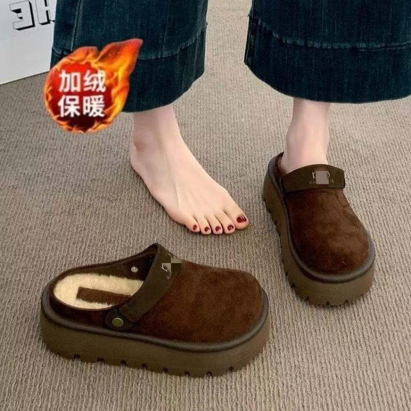 Height-increasing Thick-bottomed Plush Slippers for Women To Wear New Autumn and Winter Baotou Half-towed Cotton Slippers