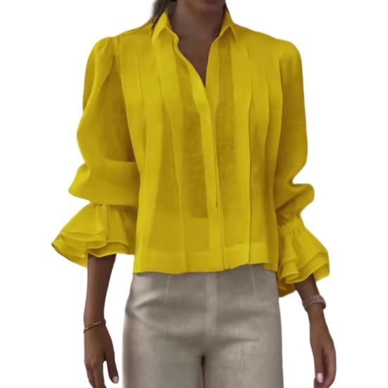 Women Shirt Lapel Long Sleeve Ruffle Cuffs Shirt Tops Pure Color Loose L жёлтый