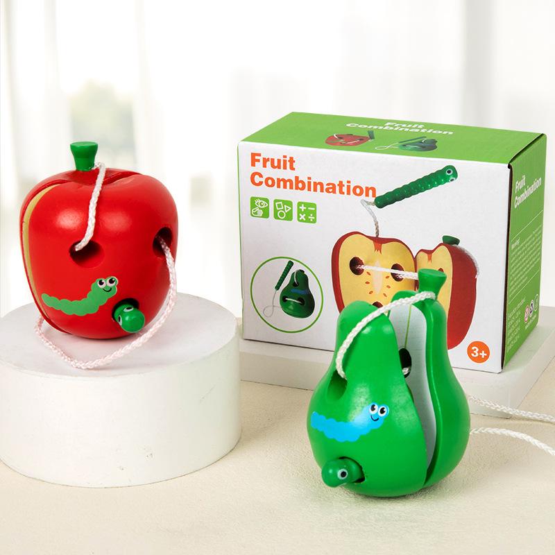 Kids' Wooden Fruit Lacing Toy for Hand-Eye Coordination: Worm & Fruit Set